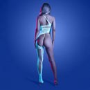 Fantasy Lingerie Glow Lights Get Low Bodystocking Set showcased on a model in a blue-lit setting, emphasizing floral knit design.