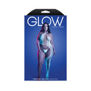 Fantasy Lingerie Glow Get Low Bodystocking Queen Size packaging featuring a model in asymmetrical floral knit design.