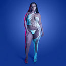 Fantasy Lingerie Glow Get Low Bodystocking Queen Size model showcasing a floral knit bodystocking that glows in low light.