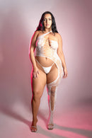 Fantasy Lingerie Glow Get Low Bodystocking Queen Size on a model showcasing floral knit design and matching panty.