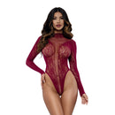 Dreamgirl Honey Long Sleeve Teddy Burgundy OS showcasing seductive stretch lace design in rich burgundy.