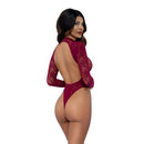 Dreamgirl Honey Long Sleeve Teddy Burgundy OS featuring a seductive backless design and rich burgundy lace.
