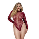 Dreamgirl Honey Long Sleeve Teddy Burgundy Queen Size in lace bodystocking, flattering curves and elegant long sleeves.