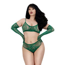 Dreamgirl Lace Seamless 3-piece Set Emerald Queen Size featuring bralette, panty, and matching gloves in rich emerald color.