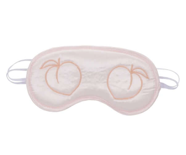Peach-colored satin Peaches 'n CreaMe Blindfold with embroidered peaches design, offering a flirty and playful sensory delight.
