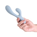 NS Novelties Love Notes Unforgettable Dusty Blue Vibrator held in hand, showcasing its ergonomic design and matte finish.