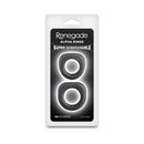 Renegade Alpha Silicone Cock Rings Black packaging featuring super stretchable silicone rings from NS Novelties.