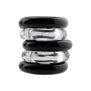 Oxballs Hunkyjunk Jacker 5-Stack Cock Rings Clear Black stacked rings showcasing their stretch and design.