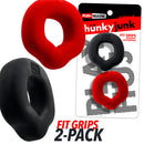 Hunkyjunk Fit Grips 2-Pack Ergo-Fit Cockrings Black and Red featuring squishy rubbery rings.