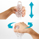 User demonstrating the Tenga Geo Glacier Textured Male Masturbator with unique squeezing and twisting motions.