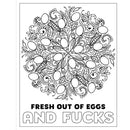 F*ck Menopause Sweary Mandala Coloring Book page with intricate mandala design and humorous text.