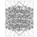 F*ck Menopause Sweary Mandala Coloring Book page featuring mandala art and text "Glowing with flashes of fucking brilliance".