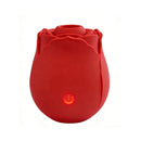 Adam & Eve Eve's Blooms Of Bliss Vibrating & Sucking Rose in red with power button illuminated.