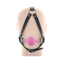 Ple'sur Face Harness Ball Gag Pink displayed on a mannequin head with black straps and pink ball gag.