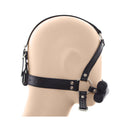 Ple'sur Face Harness Dog Bone Gag shown on a mannequin, featuring adjustable faux leather straps and a silicone mouthpiece.
