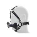 Ple'sur Face Harness Dog Bone Gag shown on a mannequin head, featuring a black faux leather harness and silicone bone gag.