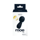 Vedo Moe Rechargeable Extra Mini Wand Black packaging showcasing sleek design and features.