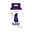Vedo Luxi Rechargeable Clitoral Finger Vibe Purple packaging featuring 10 vibration modes and sleek design.