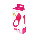 Vedo Riski Rechargeable Clitoral Vibe For Couples Pink packaging featuring a soft pink design and unique features.