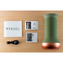 MYHIXEL TR Training Masturbator with accessories including manual, lube, and charging cable on a wooden surface.