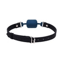 Sportsheets Signature Twilight Tease Barrel Gag featuring a stylish blue barrel mouthpiece and black leather strap.