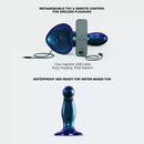 Strap-on-me Fingering and Vibrating Dildo Medium Blue with remote control, magnetic USB charging, and waterproof design.