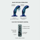 Strap-on-me Fingering and Vibrating Dildo Medium Blue showing dual stimulation options and remote control features.