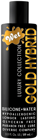 Wet Gold Hybrid Water Silicone Blend Lubricant 3.1 Fl Oz bottle featuring hypoallergenic, glycerin and paraben free formula.