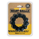 Rascal Meat Ballz Silicone Cock Ring Black packaging, showcasing a black silicone cock ring with ball-shaped bumps.