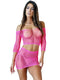 Seduce Sleeve Top and Skirt Lingerie Set in pink, featuring fishnet design and off-shoulder sleeves for a seductive look.