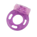 The Macho Vibrating Cock Ring Purple showcasing its stretchy silicone design and buzzing features for stimulation.