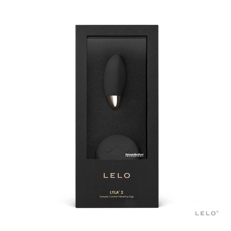 LELO LYLA 2 Remote Control Vibrating Egg Black packaging with massager and remote.