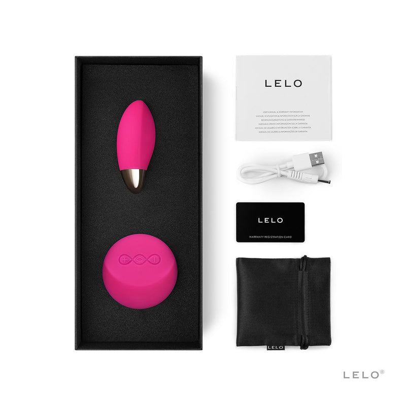 LELO LYLA 2 Remote Control Vibrating Egg Cerise in package with accessories and charging cable