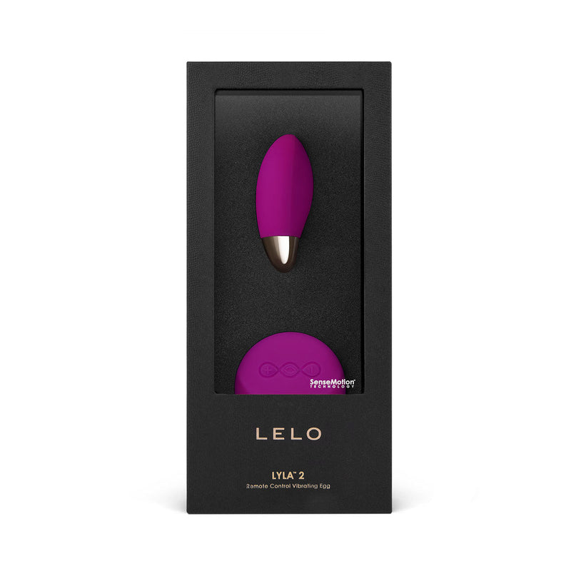 LELO LYLA 2 Remote Control Vibrating Egg Deep Rose packaging showing the elegant massager and remote control.