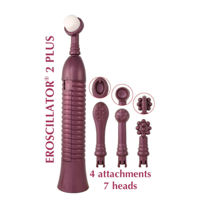 Eroscillator 2 Plus Purple Vibrator with 4 attachments and 7 heads for dynamic use.