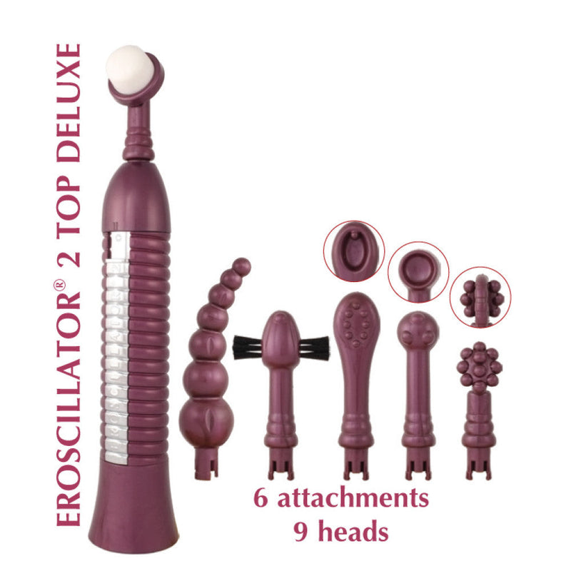 Eroscillator 2 Top Deluxe Purple pleasure device with 6 attachments and 9 heads for enhanced stimulation.
