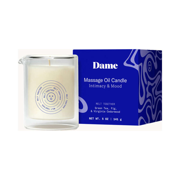 Dame Massage Oil Candle Melt Together in a clear glass holder with blue box packaging, featuring Kava Kava extract and nourishing oils.
