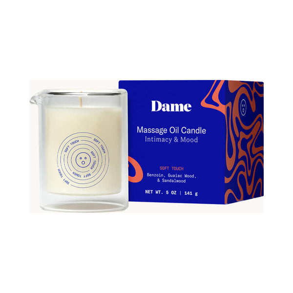 Dame Massage Oil Candle Soft Touch in elegant packaging, perfect for creating intimacy and mood.