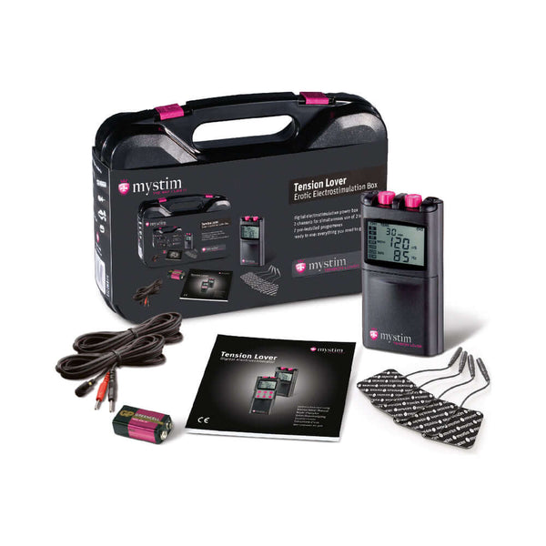 Mystim Tension Lover Digital Nervstimulator kit including device, cables, and manual for enhanced e-stim experiences.