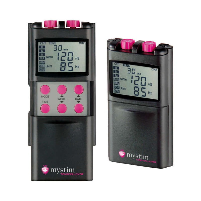 Mystim Tension Lover Digital Nervstimulator with display screens and control buttons for electro-stimulation pleasure.