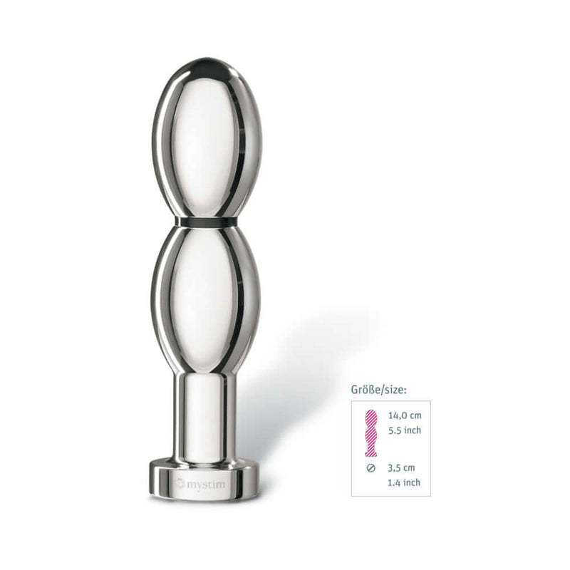 Mystim Oh thello Oval Dildo Round Plug shown in stainless steel with dimensions marked.