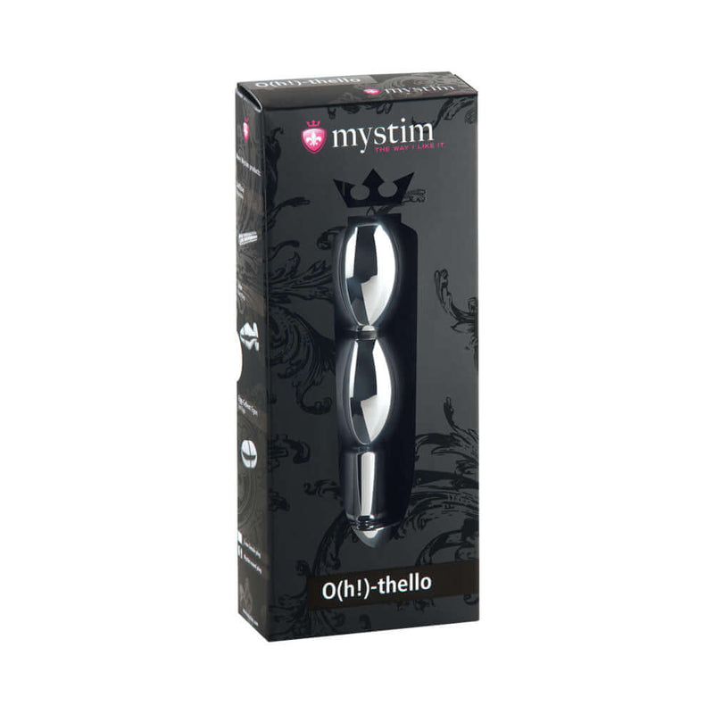 Mystim Oh thello Oval Dildo Round Plug packaging showcasing its elegant design and electro-erotic features.