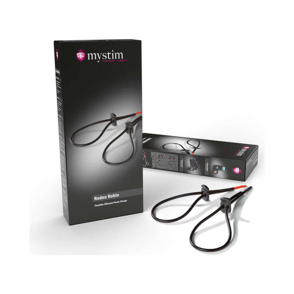 Mystim Rodeo Robin 2-Piece Strap Set packaging showing adjustable electrostimulation straps for immersive sensations.