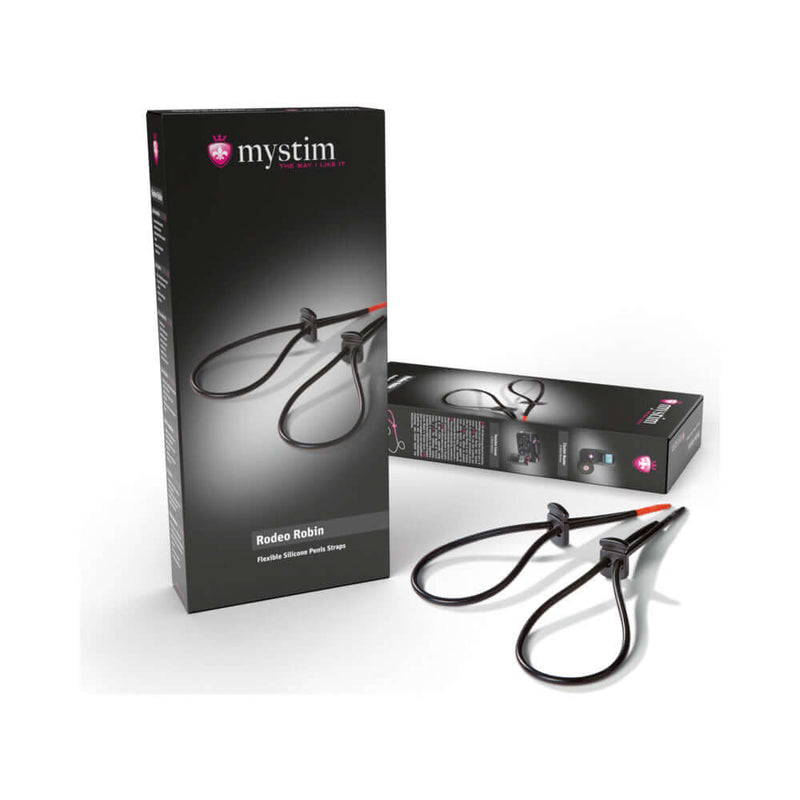 Mystim Rodeo Robin 2-Piece Strap Set packaging showing adjustable electrostimulation straps for immersive sensations.