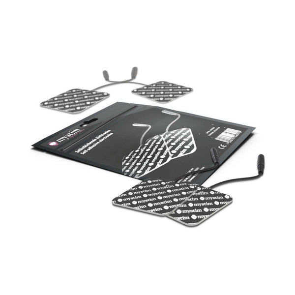 Mystim Replacement Square Electrode Pad 4-Pack with black self-adhesive pads for electrostimulation therapy.