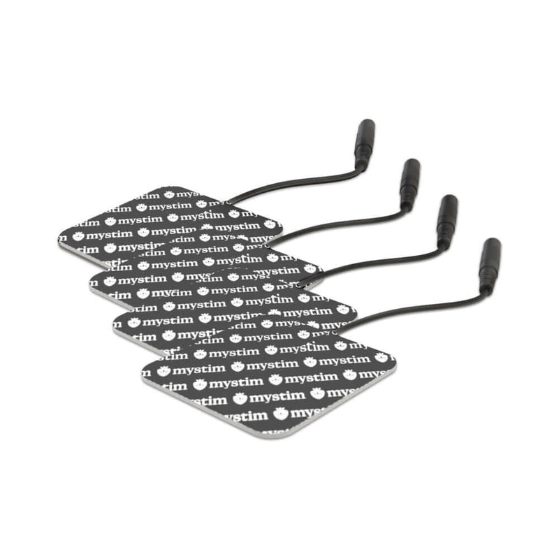 Mystim Replacement Square Electrode Pad 4-Pack for electrostimulation sessions with reusable self-adhesive pads.
