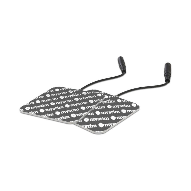 Mystim Replacement Square Electrode Pad 4-Pack showcasing self-adhesive pads for electrostimulation.