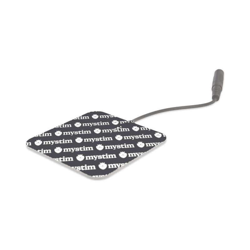 Mystim Replacement Square Electrode Pad 4-Pack shown with self-adhesive surface and connector for electrostimulation.