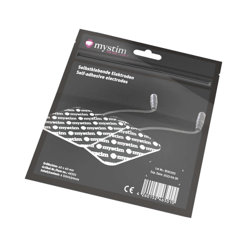 Mystim Replacement Square Electrode Pad 4-Pack self-adhesive electrodes for electrostimulation sessions.