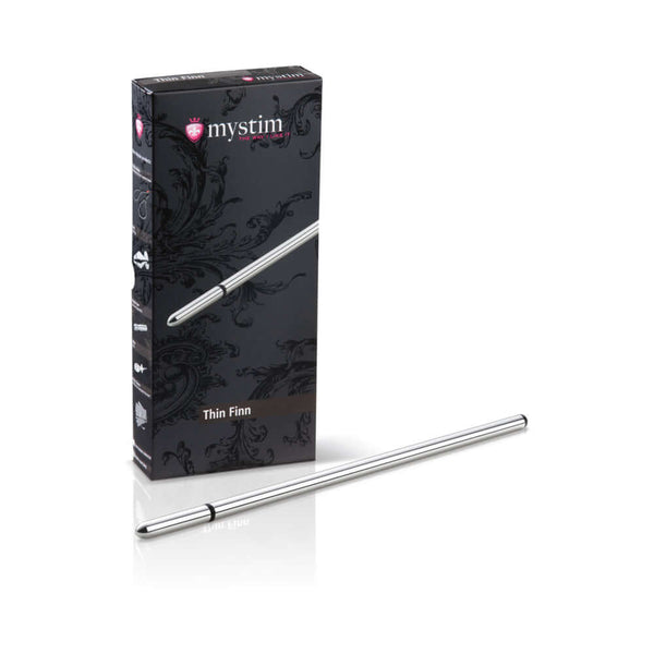 Mystim Thin Finn Urethral Sound product with sleek design in packaging, ideal for urethral stimulation.